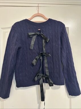 Navy Cable Knit Bow-Back Sweater - Women